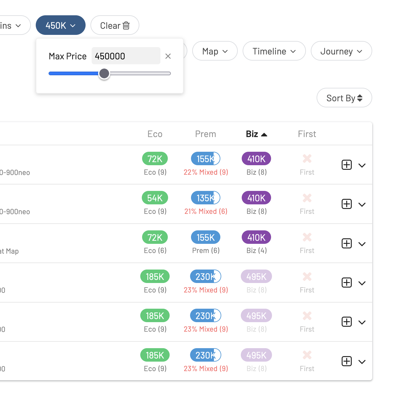 AwardFares showing saver vs. non-saver award flight availability and pricing.