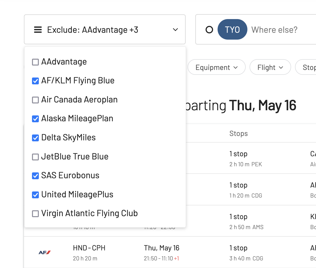 AwardFares expanded view showing award prices for the same flight across different loyalty programs.